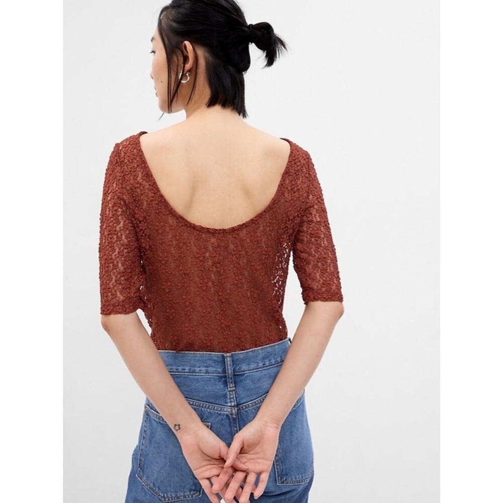 GAP Brown Textured Scoop-Back Floral Lace Top Copper Beech Festival Spring M